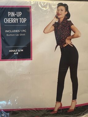 Party City Pin-Up Cherry Top in Black with Red Cherry Print